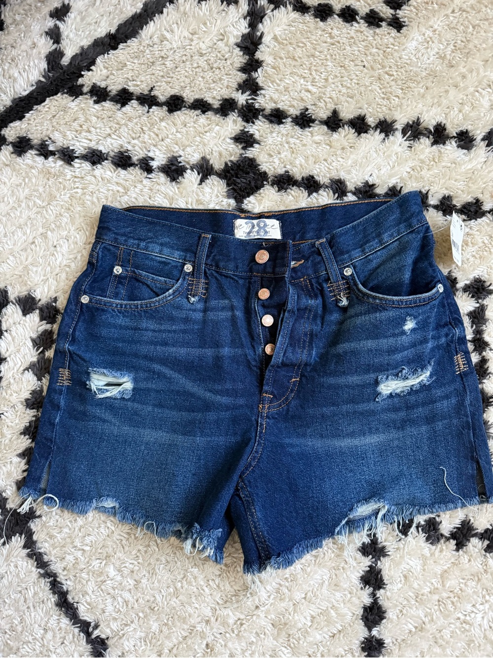 Free People Dark Blue Distressed High-Rise Jean Shorts